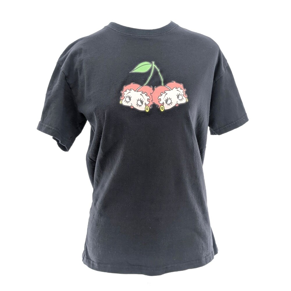 Betty Boop Retro Cherries Cartoon Black Graphic Crewneck T-Shirt Size Large
